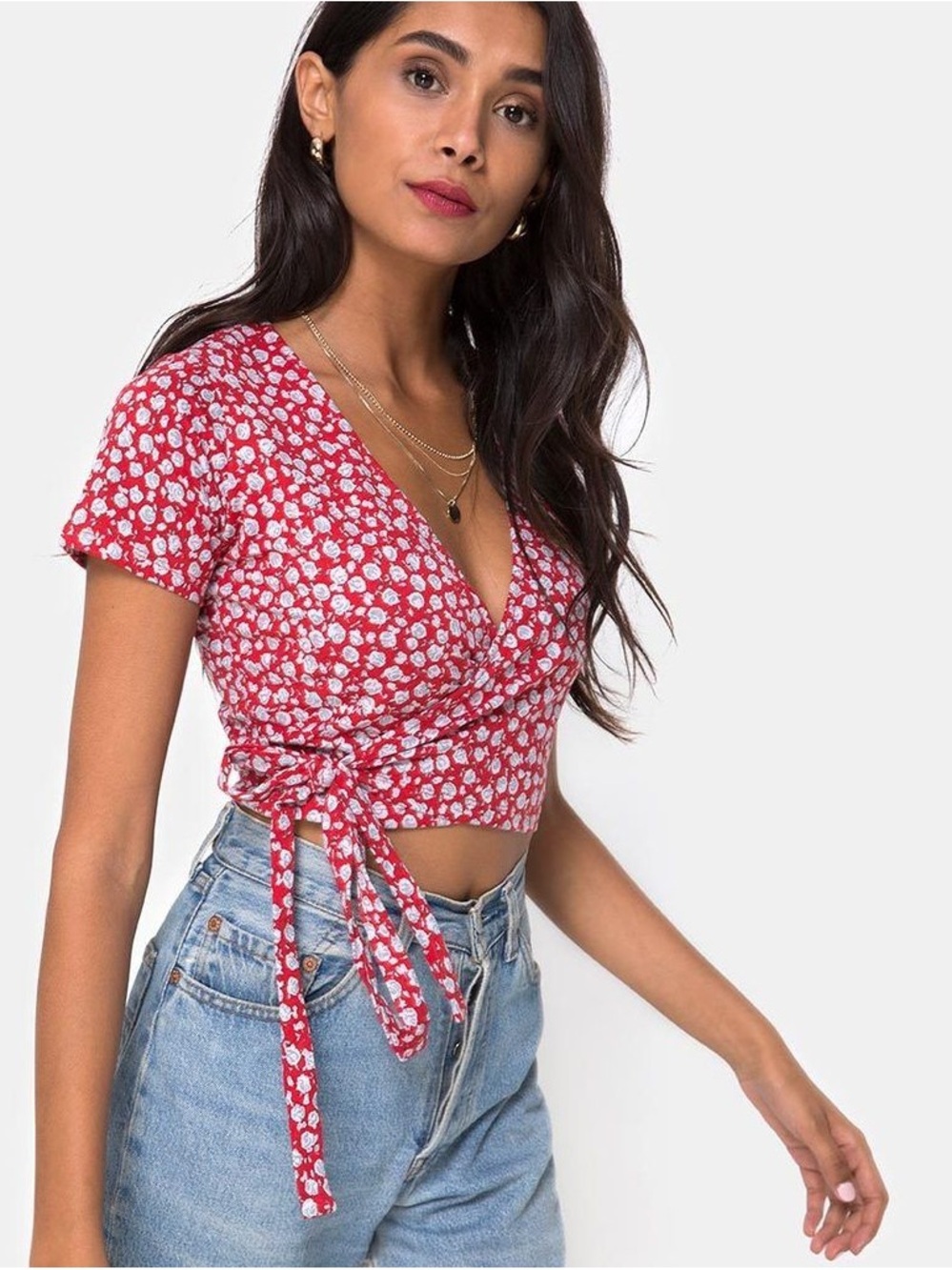 Motel Rocks Floral Wrap Crop Top - Red